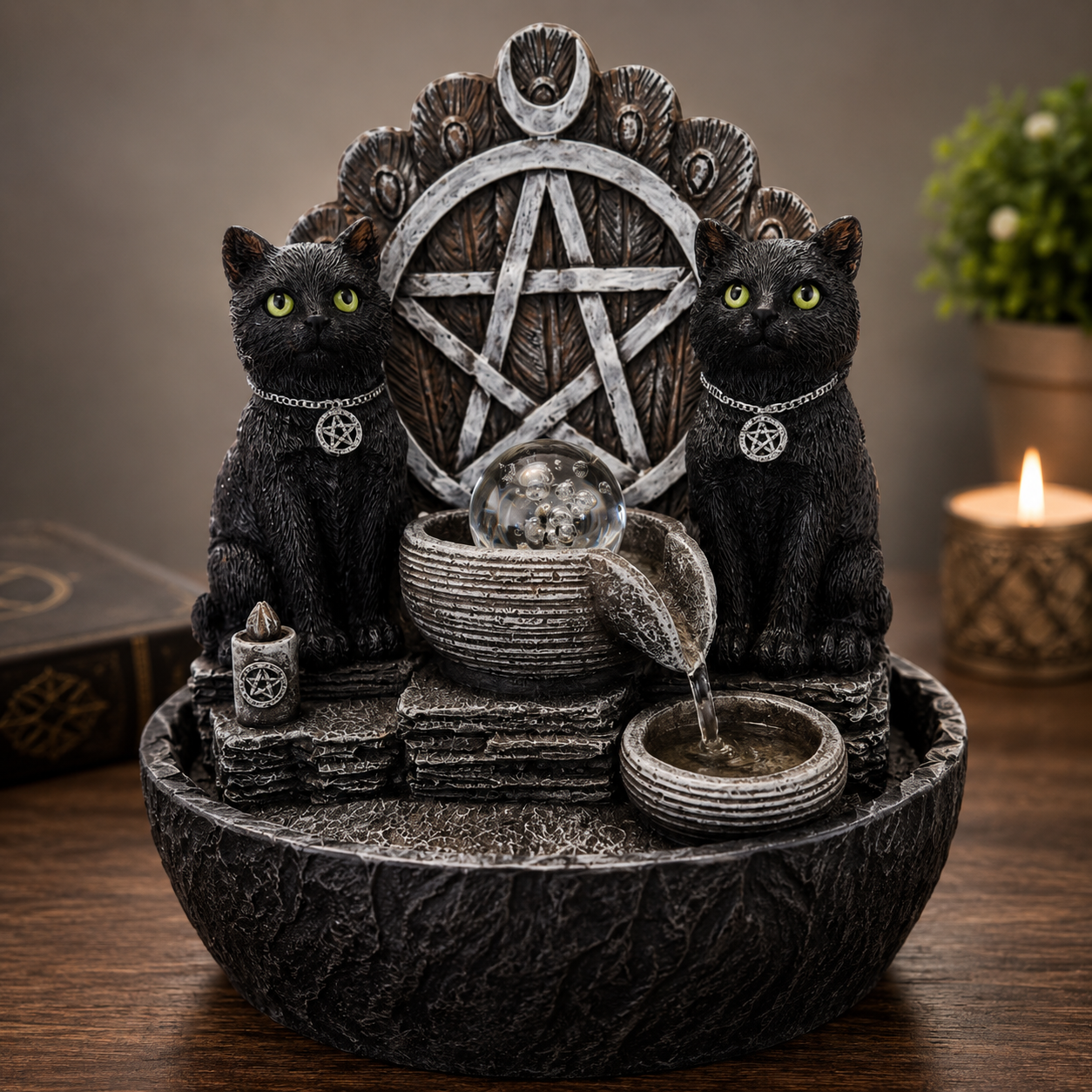 Fonte de Água Gatos Pretos com Pentagrama LED – Decoração Esotérica para Altar, Wicca e Bruxaria